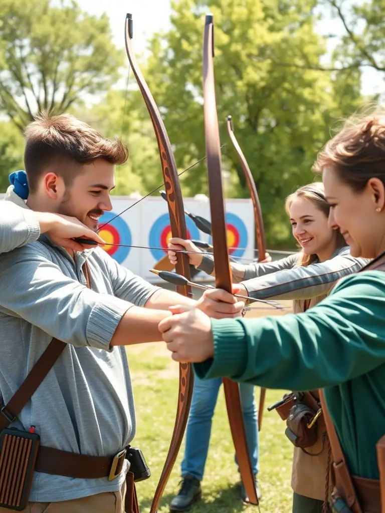 Archers participating in a team-building exercise, working together to achieve a common goal, fostering camaraderie and teamwork within the association.