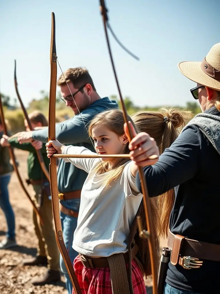 A group of archers of varying ages participating in an archery training session outdoors, focusing on proper form and technique, with a coach providing guidance.