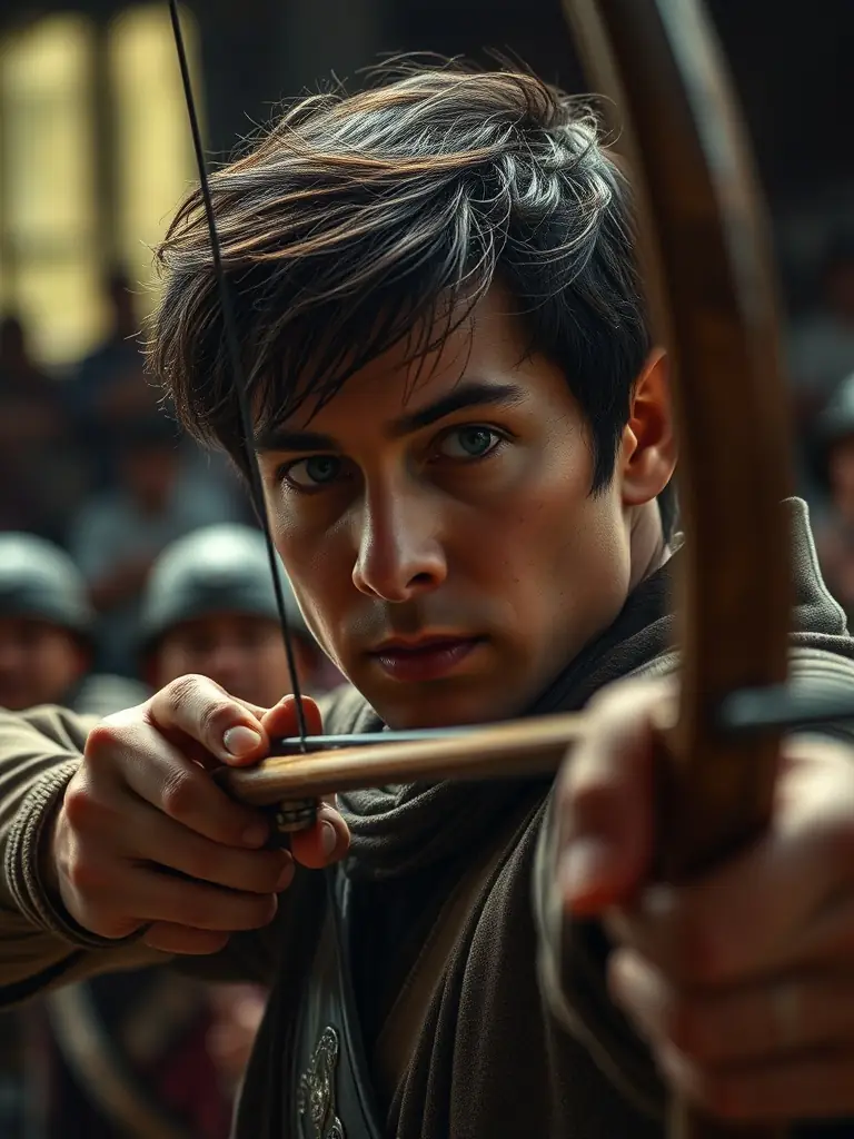 An archer competing in a tournament, with a focused expression and precise form. The background shows other competitors and spectators.