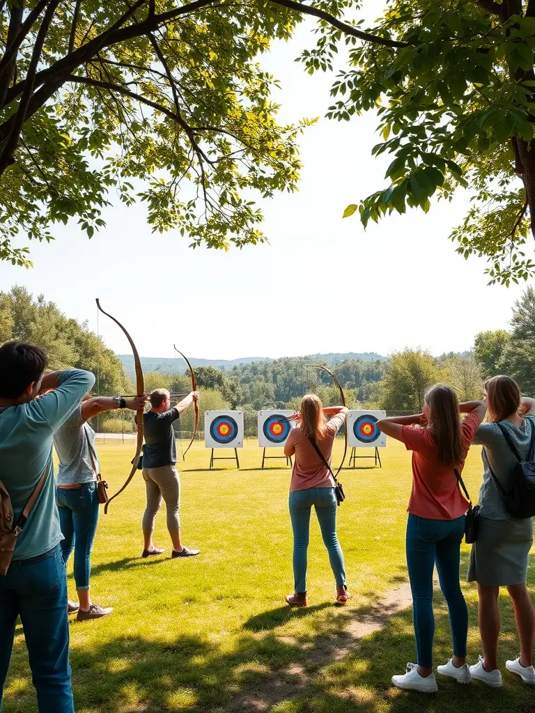 A group of archers participating in a recreational archery session in a scenic outdoor setting, with targets set at various distances. The atmosphere is relaxed and enjoyable.