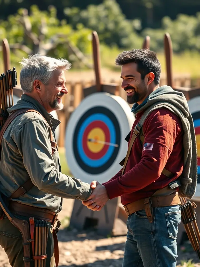 A group of archers shaking hands after a friendly competition, showcasing the respect and camaraderie within the archery community. Smiles and supportive gestures are visible.
