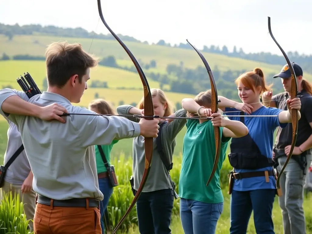 A group of archers of varying ages and skill levels participating in a beginner's archery class, with instructors providing guidance and support, set against the backdrop of the Vierzon countryside.