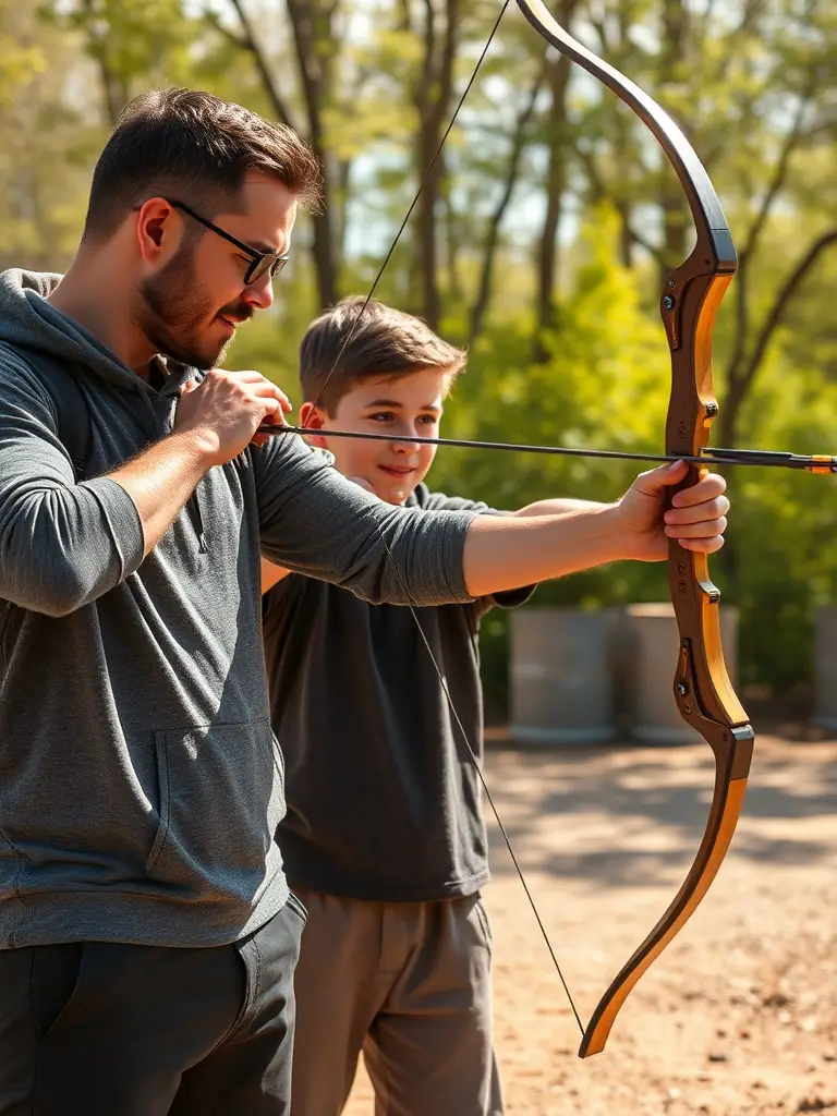 An archer assisting a younger archer with their stance, highlighting the intergenerational learning and support within the archery club. The scene is set in a safe and encouraging environment.