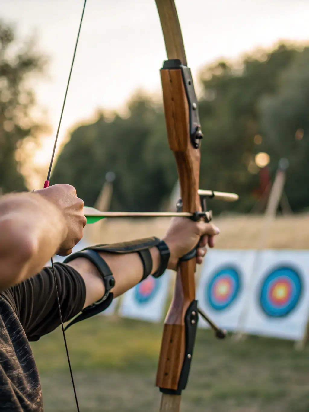 A focused archer drawing back their bow during an indoor training session at 1ERE COMPAGNIE DES ARCHERS VIERZONNAIS, showcasing precision and concentration.