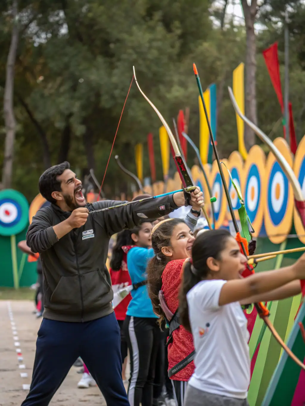 Volunteers from the archery association conducting an archery demonstration for local school children, promoting the sport and encouraging youth participation.