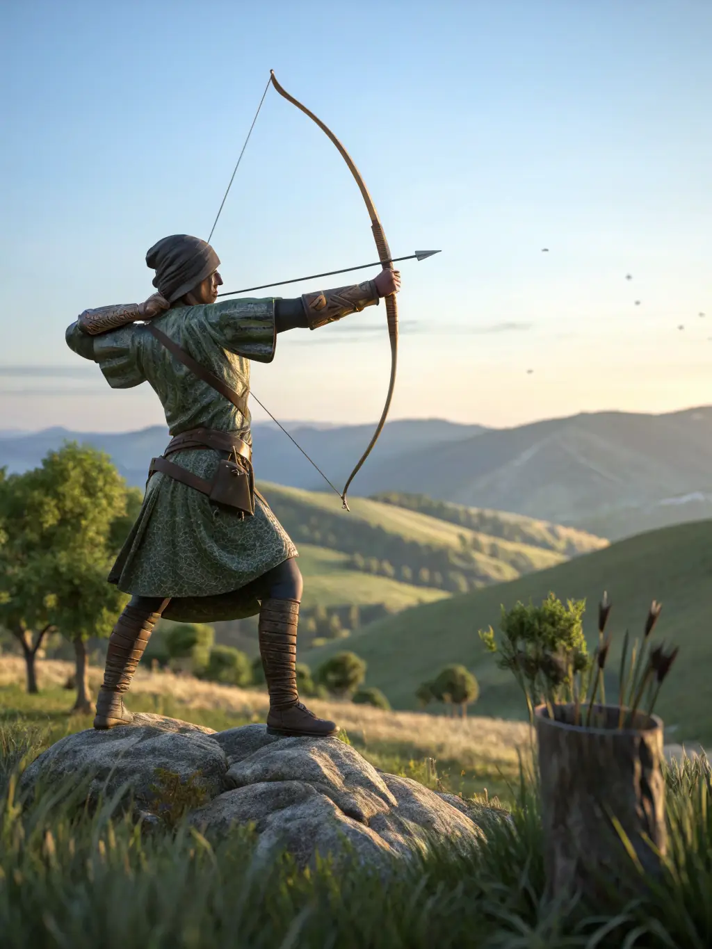An archer calmly drawing back the bowstring, demonstrating self-control and precision. The archer's posture is steady and balanced.