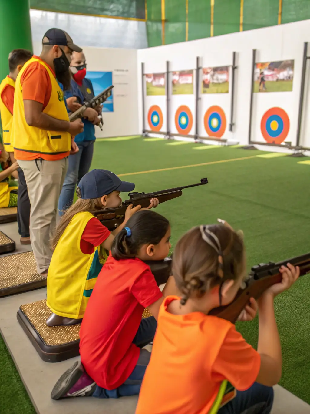 A group of children participating in an archery session, with instructors guiding them on proper form and technique. The setting is a safe and controlled indoor archery range.