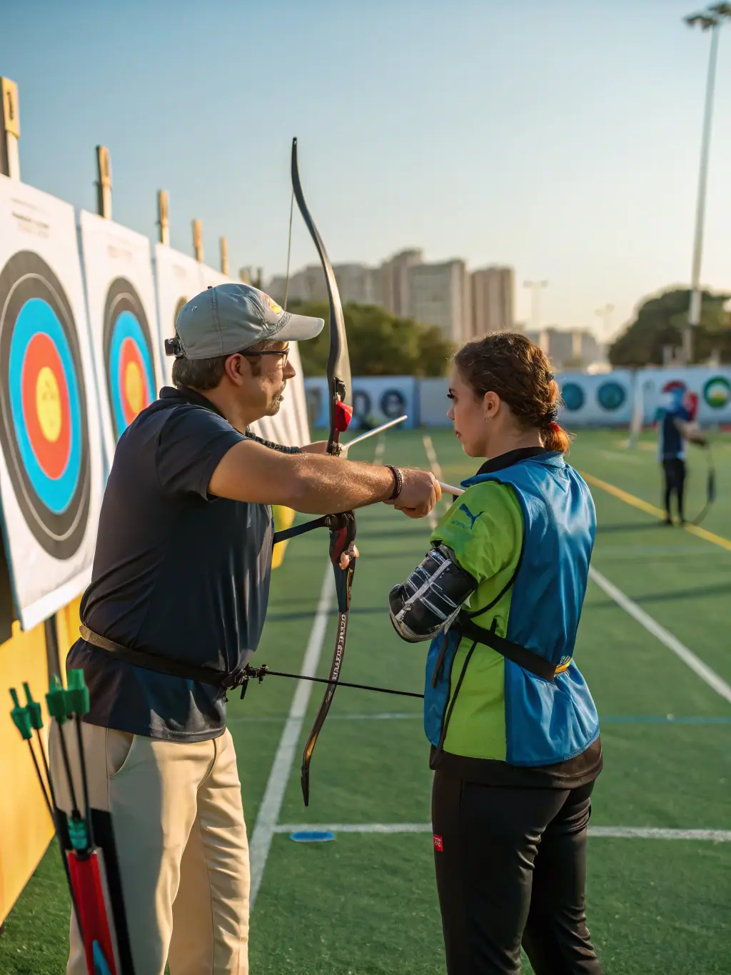 A coach providing personalized feedback to an archer during a practice session at 1ERE COMPAGNIE DES ARCHERS VIERZONNAIS, emphasizing technique improvement.